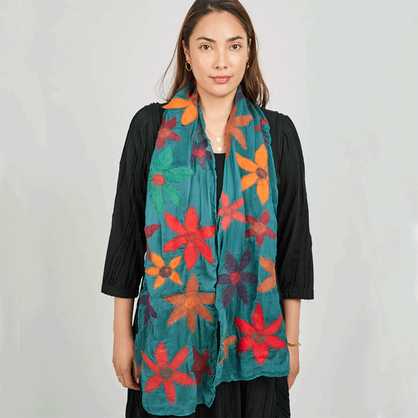 Deep Turquoise handmade felted wool and silk wrap with pretty floral silk outlet and contrasting inlay