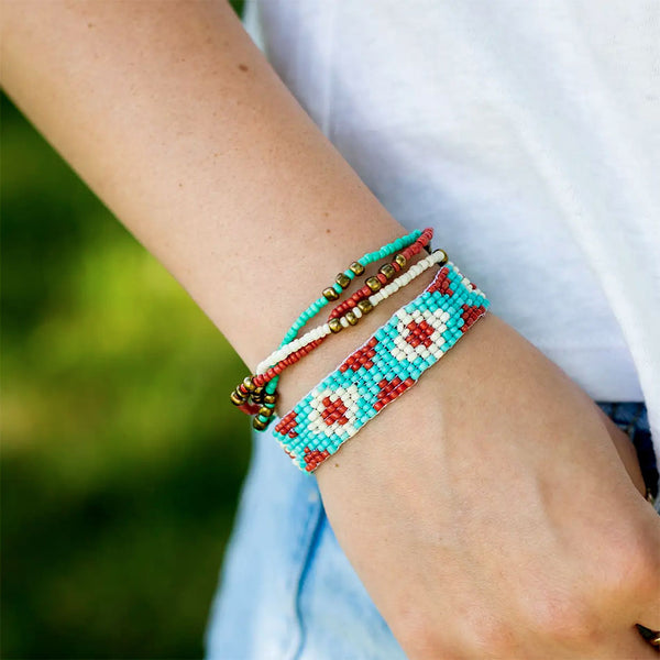 Geo Beaded Bracelet, Set of Two - Turquoise Mix, Guatemala - Women's Peace  Collection