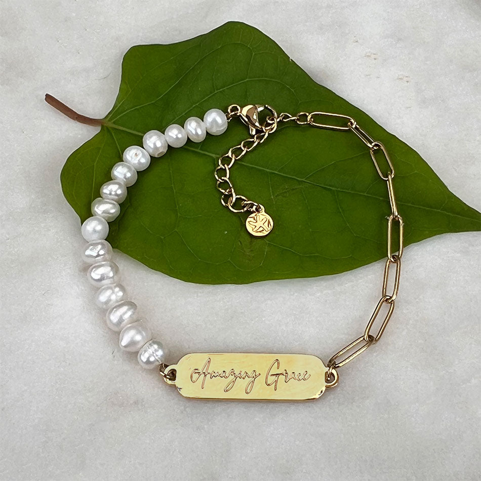 Fair trade pearl bracelet handmade by survivors of human trafficking