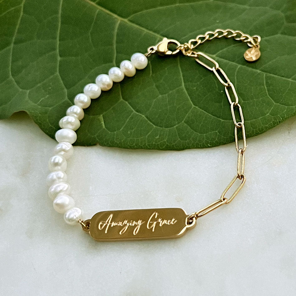 Fair trade pearl bracelet handmade by survivors of human trafficking