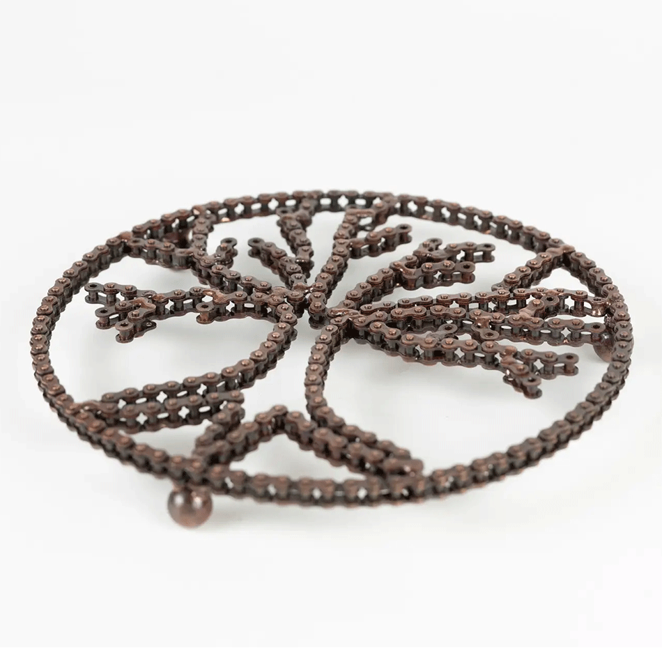 Fair trade bicycle chain tree of life trivet