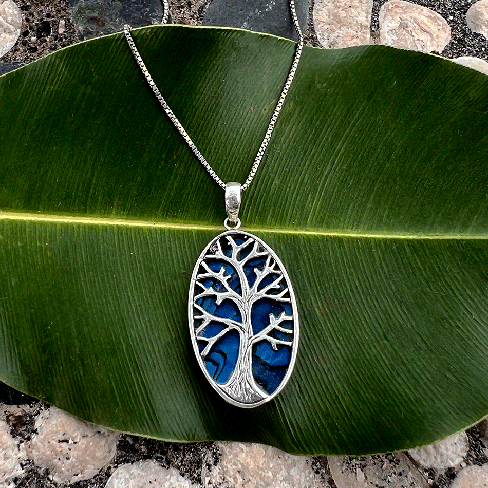 Fair trade sterling silver tree of life abalone necklace