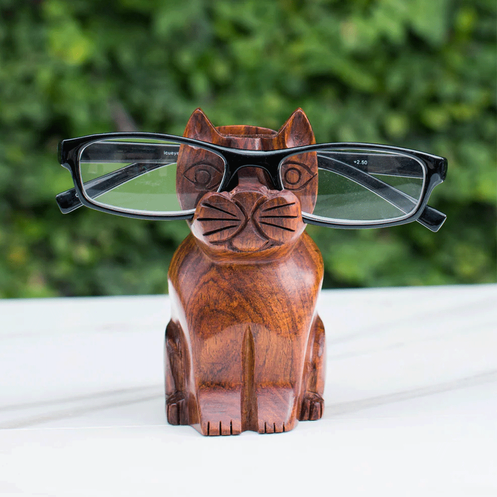 Fair trade wood cat eyeglass holder