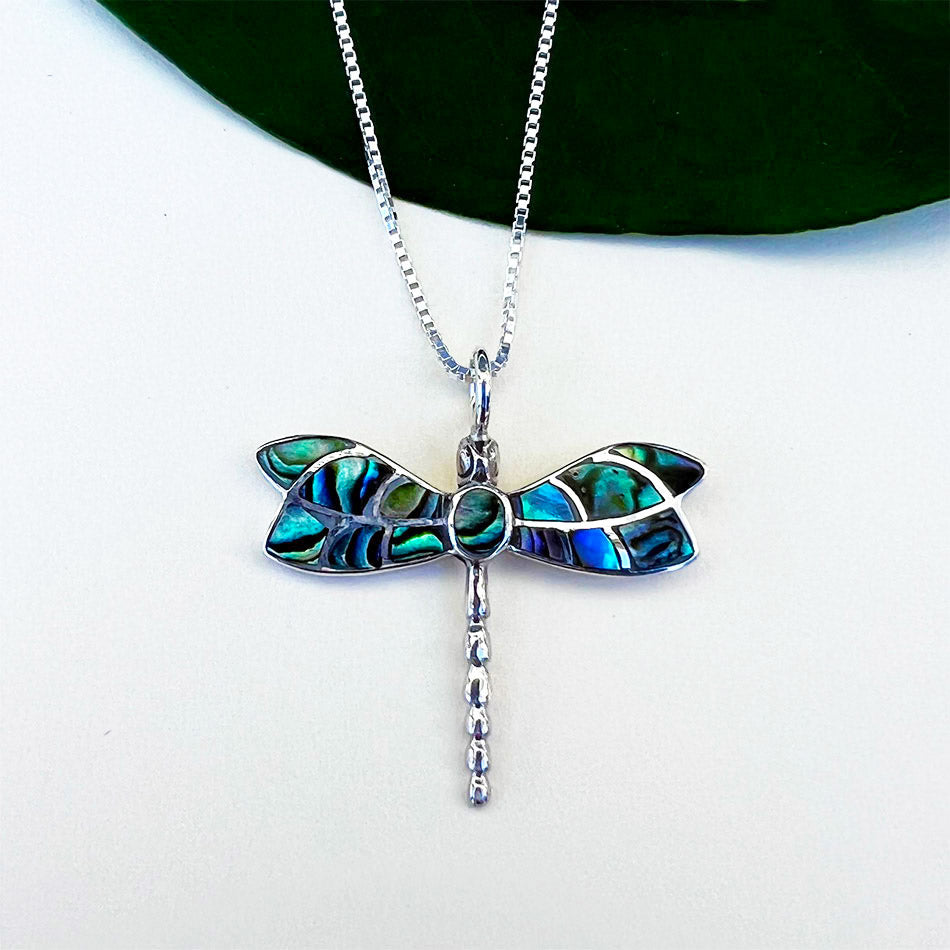 Fair trade sterling silver abalone dragonfly necklace