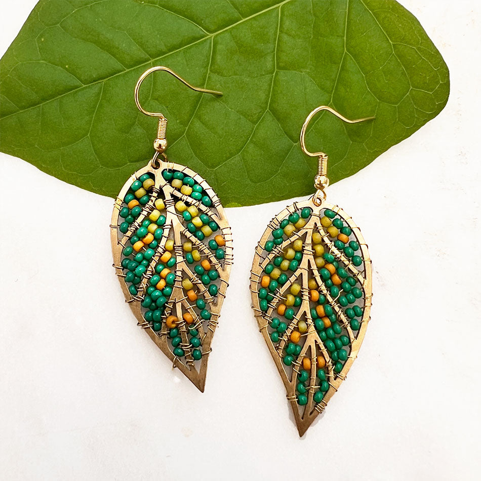 Fair trade beaded leaf earrings