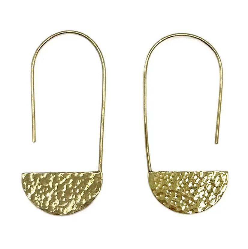 Fair trade hammered brass moon earrings handmade by survivors of human trafficking.