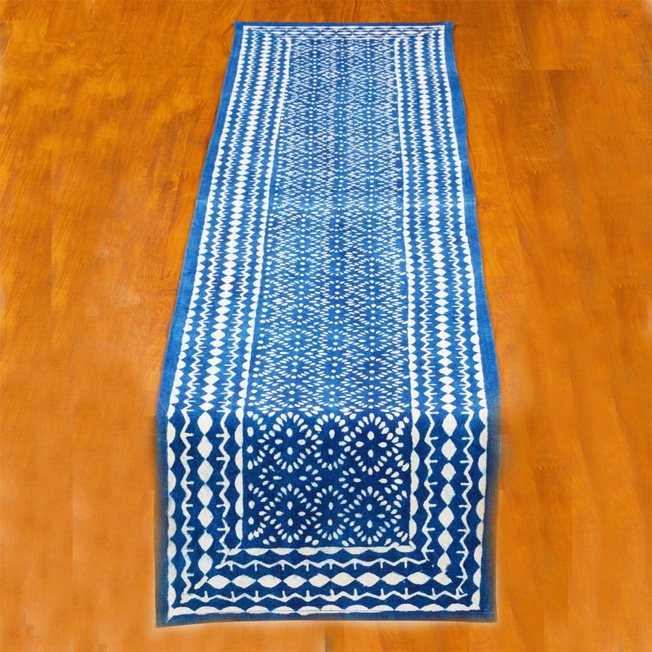 Fair trade block print indigo table runner