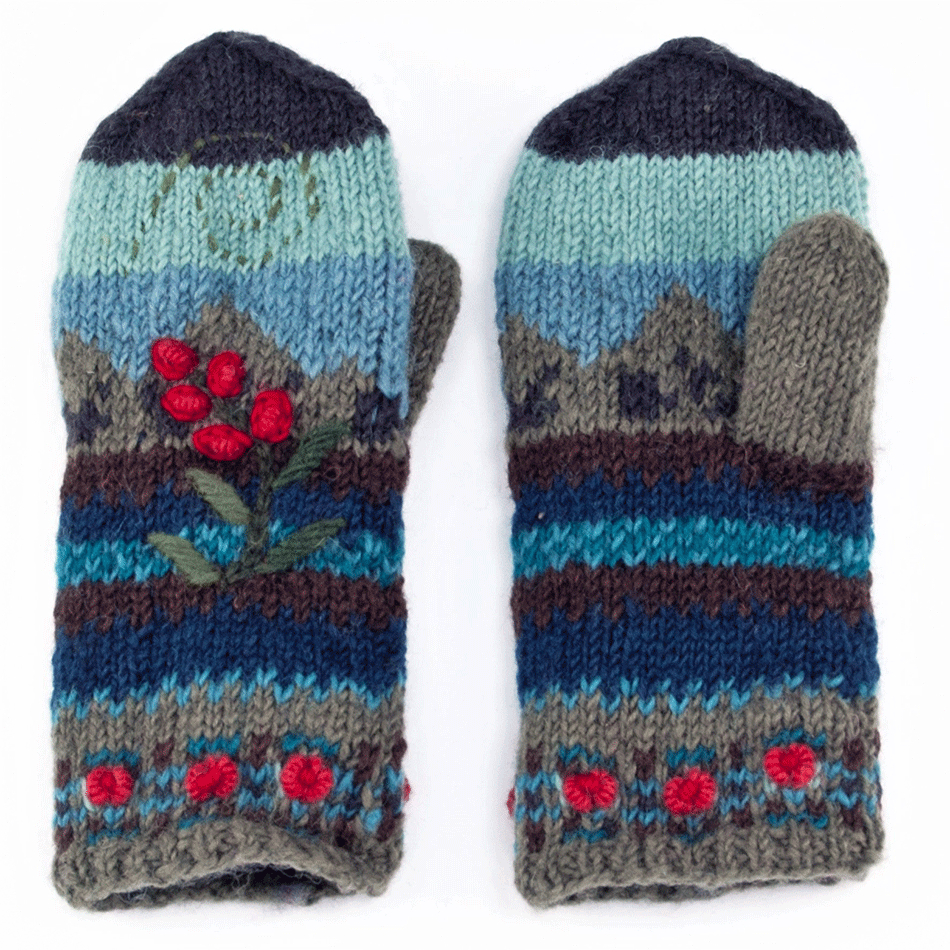 Exquisite Embroidered Wool Mittens - Light Blue Floral, Nepal