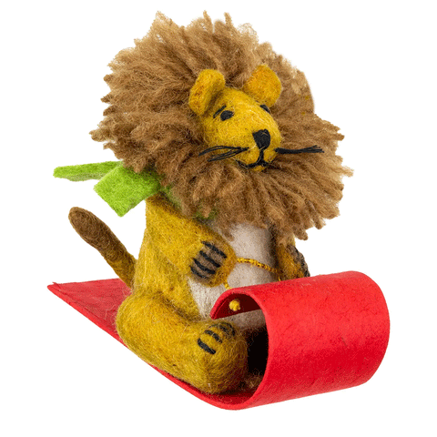 Sledding lion felt ornament