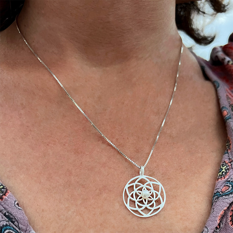 Fair trade sterling silver mandala pearl necklace