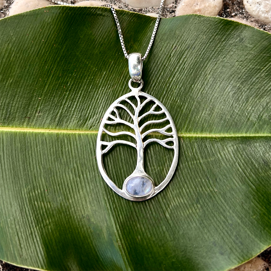 Fair trade sterling silver tree of life necklace with rainbow moonstone