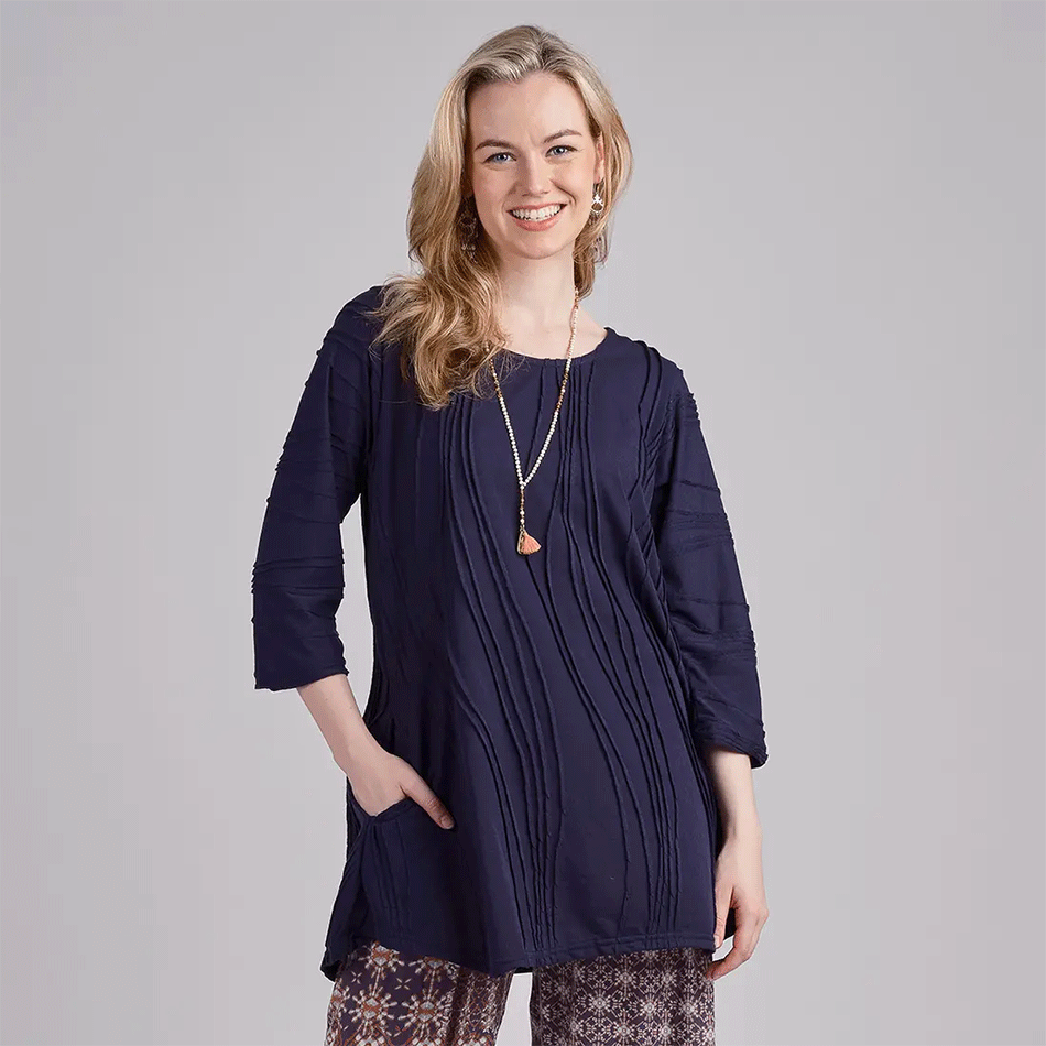 Cotton 3/4 Sleeve Pocket Tunic - Navy, Nepal