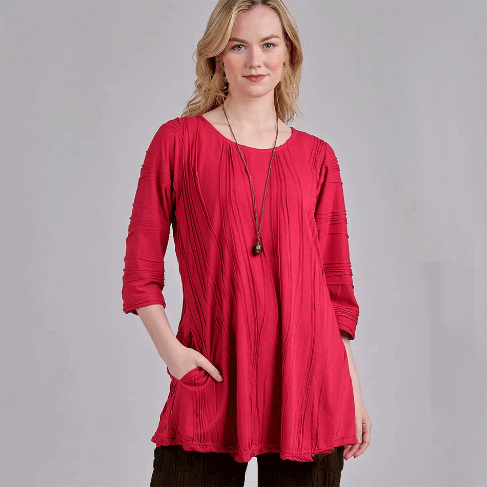 Cotton 3/4 Sleeve Pocket Tunic - Red, Nepal