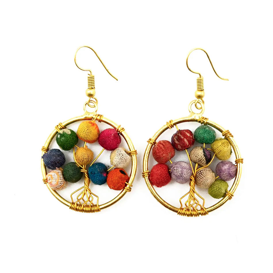 Fair trade recycled sari tree of life earrings