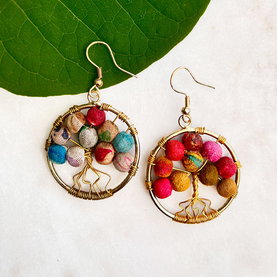 Fair trade recycled sari tree of life earrings