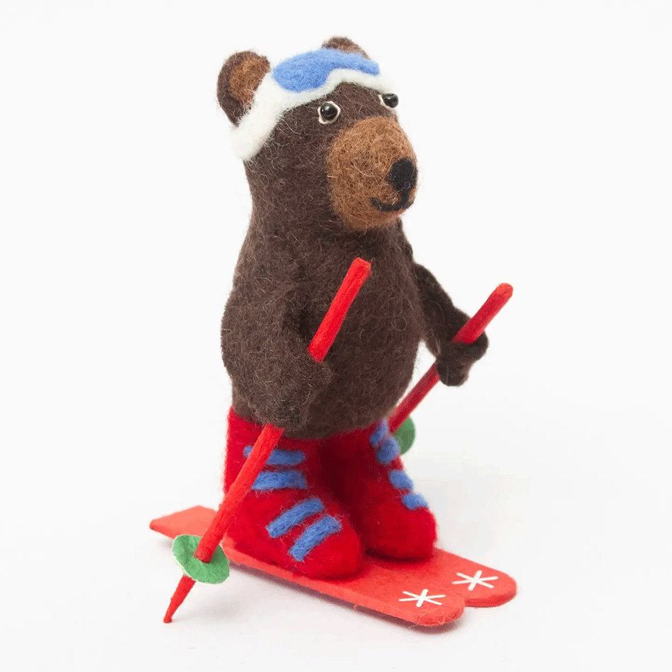 Fair trade skiing bear felt ornament