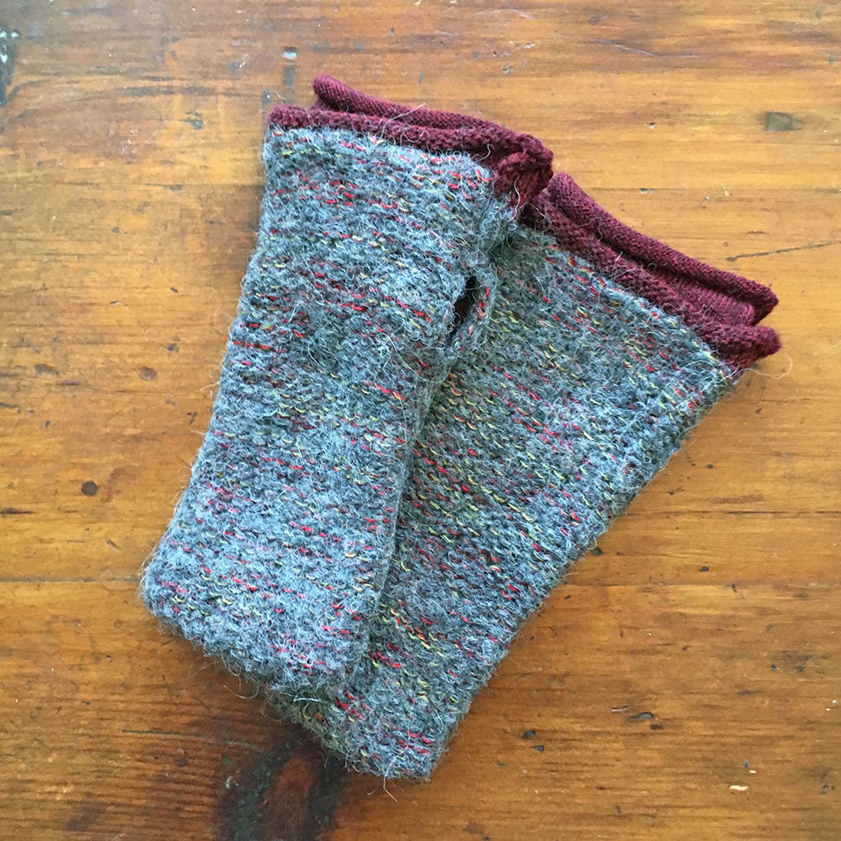 Alpaca Fingerless Gloves, Double Layer - Gray/Red, Peru